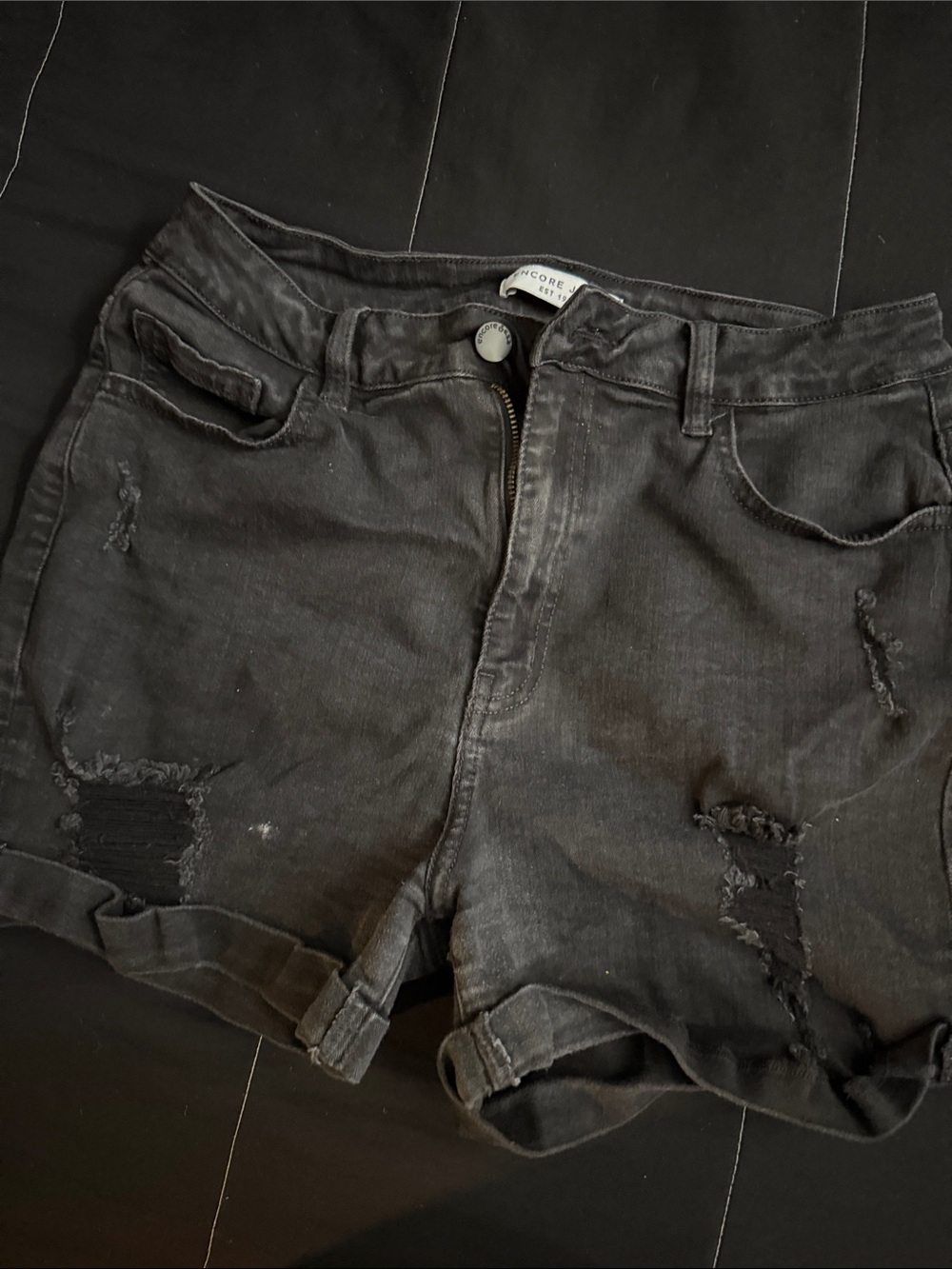 Encore Jeans Black Distressed Rolled-Hem Denim Shorts